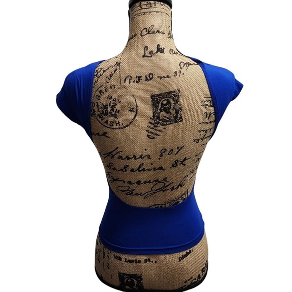 SHEIN Royal Blue Backless Cap Sleeve Fitted Top Stretchy Blouse Size S - Picture 2 of 6